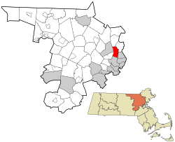 斯托纳姆在米德尔塞克斯县及马萨诸塞州的位置（以红色标示）