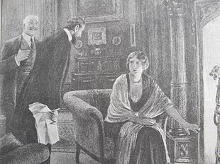 Les personnages du roman dessinés pour la Petite Illustration. Scène de salon devan une cheminée ; femme assise au coin du feu et deux hommes lui parlent.