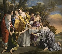 奧拉齊奧·真蒂萊斯基的《摩西被救出水中（英語：The Finding of Moses (Gentileschi)）》，242 × 281cm，約繪於1633年，來自腓力四世的收藏[59]