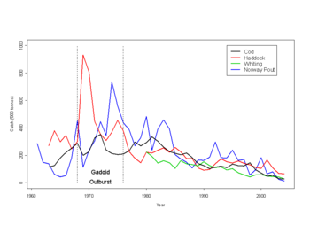 Trends in landings of Cod, Haddock, Whiting and Norway Pout from the North Sea (1961-2004). North Sea Gadoid Landings.png