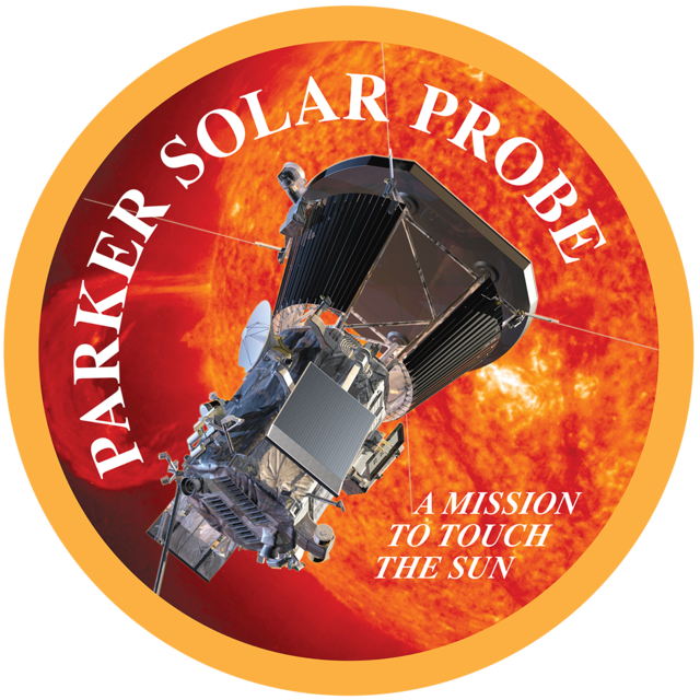 Artwork of the spacecraft next to the Sun, enclosed in a circle with a yellow border. The words "Parker Solar Probe" are placed around the interior of the border, while the words "a mission to touch the Sun" are written inline in a smaller font in the bottom right of the image.