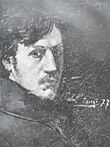 Portrait de Paul Bourget. Chevelure fournie. Signé par le peintre : L. Tanzi et daté sur la droite 77. En haut à droite est inscrit le nom du modèle : Paul Bourget