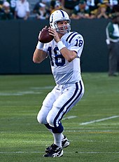 Peyton Manning was the starting quarterback for the Colts from 1998 until 2010. Peyton Manning passing.jpg