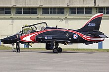 A Royal Air Force Hawk T1A at Kemble Airport, Gloucestershire, with its pilot Raf hawk t1a xx205 arp.jpg