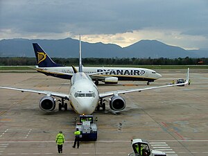 Ryanair's Boeing 737 planes at Girona airport,...