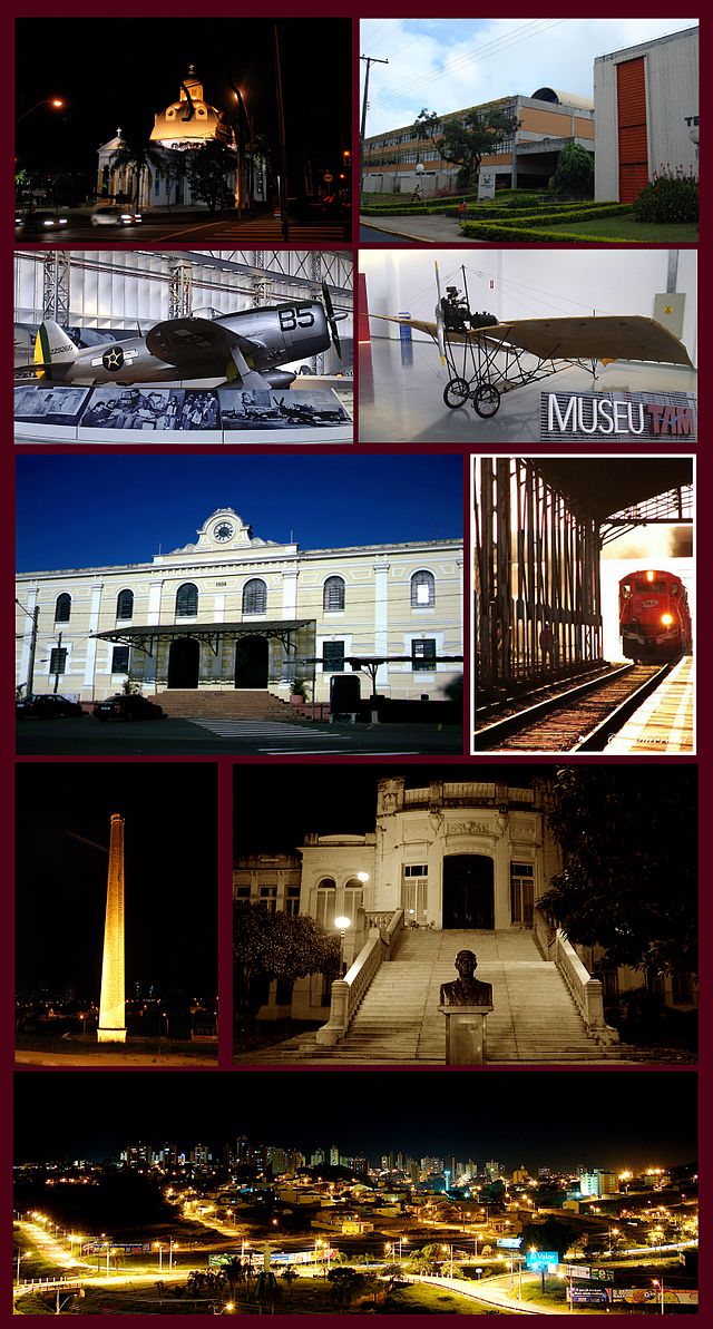 São Carlos (a partir de cima, esquerda): Catedral de São Carlos, UFSCar, P-47D Thunderbolt e Demoiselle 22 (do Museu TAM), Estação Ferroviária de São Carlos, Parque da Chaminé, Escola Álvaro Guião e um panorama da cidade.