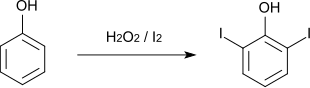 Herstellung von 2,6-Diiodphenol aus Phenol und Iod in Wasserstoffperoxid