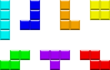 The seven possible Tetris pieces in their Tetris Worlds colors. Top row: I, J, L, O. Bottom row: S, T, Z.