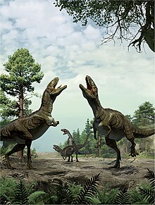 Reconstitution d'un groupe d'Acrocanthosaurus se livrant à un comportement de parade nuptiale.