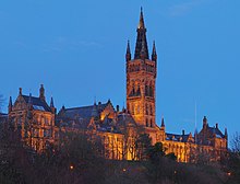 The night view of the university's main building University of Glasgow Gilbert Scott Building - Feb 2008.jpg