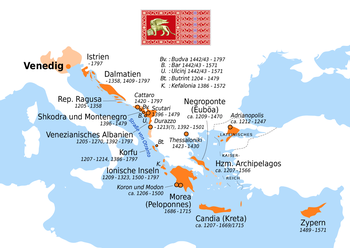 The Republic of Venice used to be a city-state, but then expanded and conquered several territories in mainland Italy (Domini di Terraferma) and abroad (Stato da Mar) Venezianische Kolonien.png