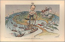 This cartoon reflects the view of Judge magazine regarding America's imperial ambitions following McKinley's quick victory in the Spanish-American War of 1898. Victor Gillam A Thing Well Begun Is Half Done 1899 Cornell CUL PJM 1136 01.jpg