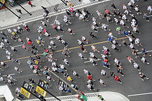 A typical road running course on the inner-city roads of Toronto 10k run Toronto May 2010.jpg