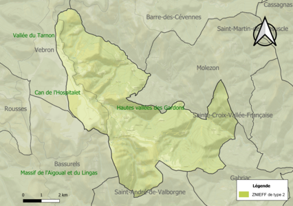 Carte des ZNIEFF de type 2 sur la commune.