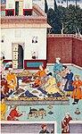 4一場宴會，其中有一隻1507年Mirzas送給Babur烤鵝，這幅微型畫創作於約1590年