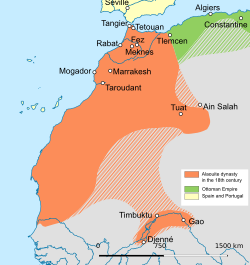 Extent of the Cherifian Empire at the beginning of the 17th century[1] under the Alawites dynasty