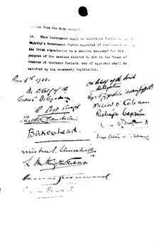 The signatures page of the 1922 Anglo-Irish Treaty, signed showing the signatures of the British and Irish delegation. Anglo-Irish Treaty signatures.gif