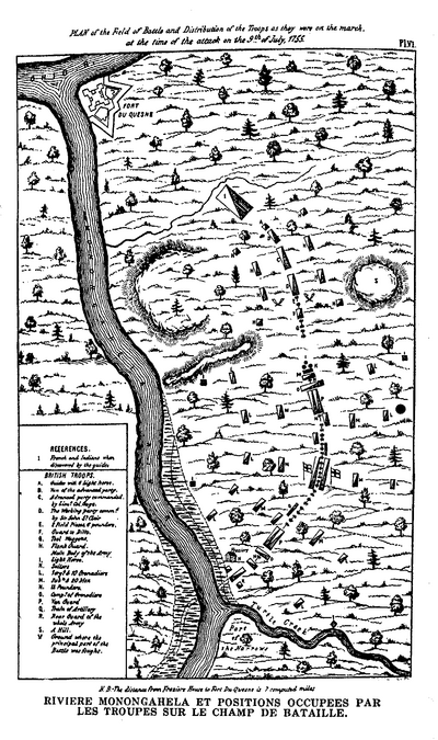 Rivière Monongahela et positions occupées par les troupes sur le champ de bataille.