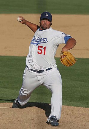 Dodgers pitcher Jonathan Broxton pitching duri...