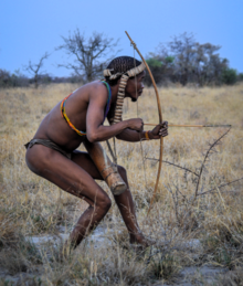 Bushmen bowhunting for bushmeat in Botswana Bushmen hunters (cropped).png