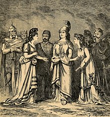 A political cartoon from 1871 depicting "Canada" holding hands with "Britannia" as Canada makes her debut to the "council of nations" Canada's debut at the Council of Nations.jpg