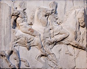 Riders from the Parthenon Frieze, around 440 BC Cavalcade south frieze Parthenon BM.jpg