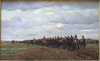 Painting depicting a column of mounted French cuirassiers in blue, red and white uniforms, before they make a cavalry charge.