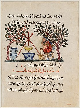 ورق کتابی از دوران طلایی اسلام که آماده‌سازی نوعی دارو را نمایش می‌دهد.