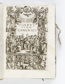 The Corpus Juris Canonici, the fundamental collection of canon law for over 750 years Graverat titelblad till "Kanonisk ratt" - Skoklosters slott - 93238.tif