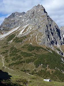 Obere Gemstelalpe (200 Höhenmeter unterhalb der Passhöhe) und der Große Widderstein