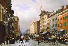 A painting of a snowy city street with horse-drawn sleds and a 19th-century fire truck under blue sky