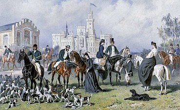 Hunting scene with the Princely family in front of Hluboká Castle in 1865