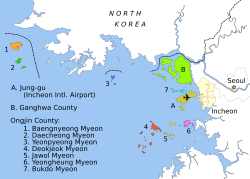 แผนที่ย็อนพย็องและเกาะอื่น ๆ ทางชายฝั่งตะวันตกเฉียงเหนือของเกาหลีใต้