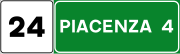 Highway location marker on a motorway indicating kilometers only. On the left side the progressive distance from the location of origin of the motorway is indicated (i.e. that we are at kilometer 24 from the starting point of the motorway), on the right side it indicates the distance of the exit for the indicated location (i.e. that there are 4 km to get to the exit for Piacenza). Italian traffic signs - progressiva chilometrica autostradale.svg