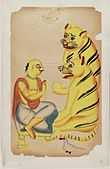 B-15 Whimsical Kalighat painting, "Brahmin Kneeling Before Two Tigers," Kolkata, 1875