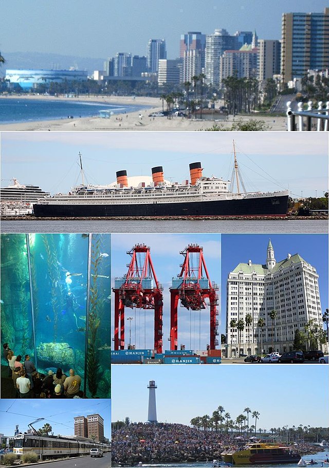 Do topo, da esquerda para a direita: panorama de Long Beach a partir do Parque Bluff, RMS Queen Mary, Aquarium of the Pacific, Terminal Hanjin no Porto de Long Beach, Villa Riviera, Linha Azul do Metrô de LA, Farol de Long Beach