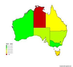 Карты штатов Австралии по ожидаемой продолжительности жизни за приведённые в таблице периоды[1] 
