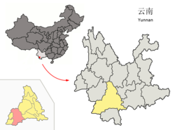 Location of Lancang County (pink) in Pu'er City (yellow) and Yunnan