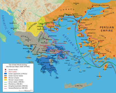 Mapa de la Campaña Persa. Linea marrón: la campaña de Datis y Artafernes; zona amarilla: vasallos de los persas; zona gris: estados neutrales y zona naranja: enemigos de los persas