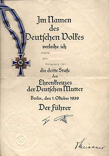 Certificate of the Cross of Honour of the German Mother during World War II Mutterkreuz1940.jpg