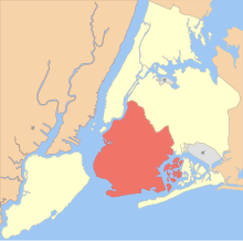 Location of Brooklyn (red) within New York City (remainder yellow) New York City location Brooklyn.svg