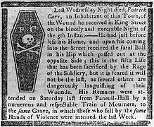 Obituary of Massacre victim Patrick Carr, published on March 19, 1770, with an engraving of his coffin by Paul Revere