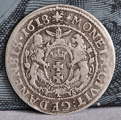 Реверс монети «Орт» з гербом міста Гданська, Гданський монетний двір, 1618. Мінцмейстер Станіслав Берман