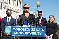Hilton during a press conference outside the United States Capitol in October 2021 Paris Hilton talks about congregate care outside the US Capitol.jpg