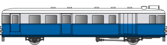 Autorail en livrée de la compagnie du PO-Midi, bas de caisse bleu foncé, haut de caisse gris clair et toit blanc.