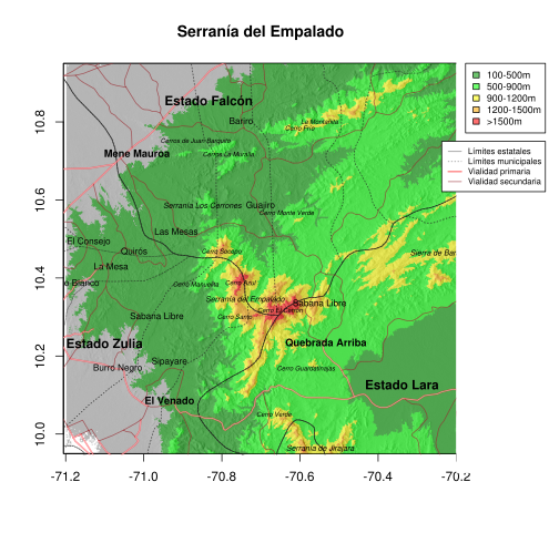 Location of the Serranía of the Empalado and the Hill Socopo in the border between the states Zulia, Falcón and Lara, in Venezuela.