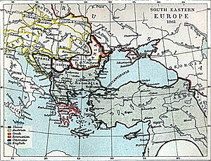 English: Map of south-eastern Europe in 1861 AD.