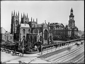St Andrew's and Sydney Town Hall, circa 1900 St Andrew's Cathedral and Town Hall, Sydney from The Powerhouse Museum Collection.jpg