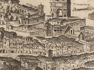 Janusbågen (längst upp i bild) på Antonio Tempestas vy över Rom från år 1593.