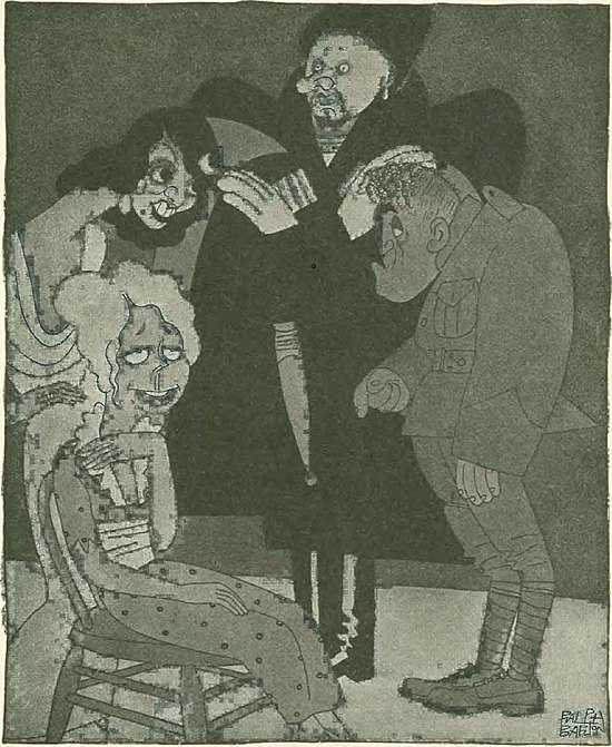 A cartoonish drawing of four persons with hideous features